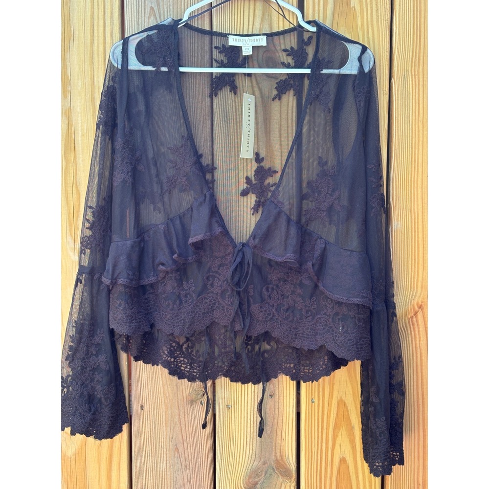 Y2K Fairycore Whimsigoth Boho Sheer Lace Mesh Black Crop Top Bell Sleeve M - Picture 3 of 7